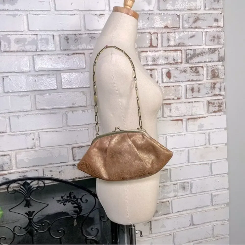 Vintage 90s Monsac Leather Gold Floral Embossed Gold Chain Handle Purse Bag